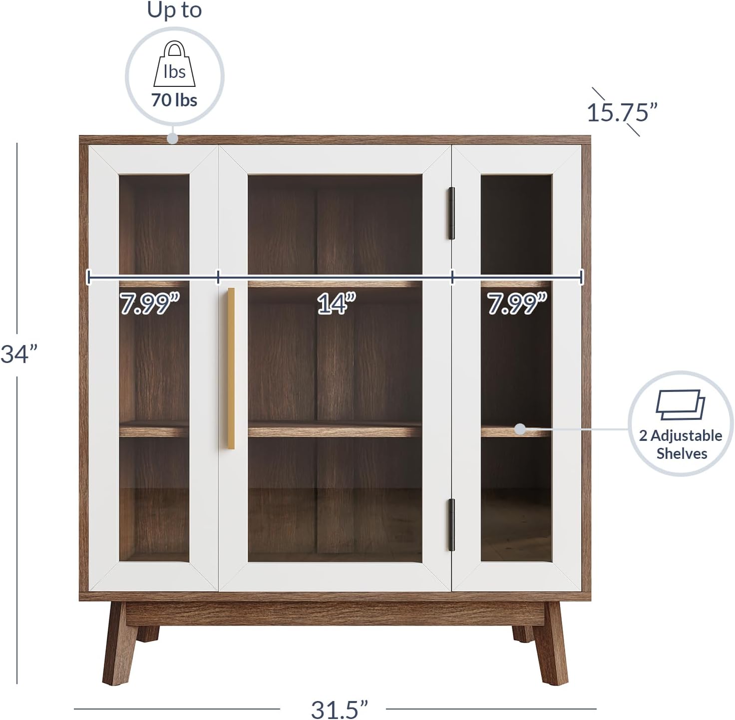 BELLEZE 31' Modern Display Curio Cabinet, 3-Tier White Storage Buffet with Tempered Glass Doors & Adjustable Shelves for Dining Room, Kitchen, Living Room & Office - White