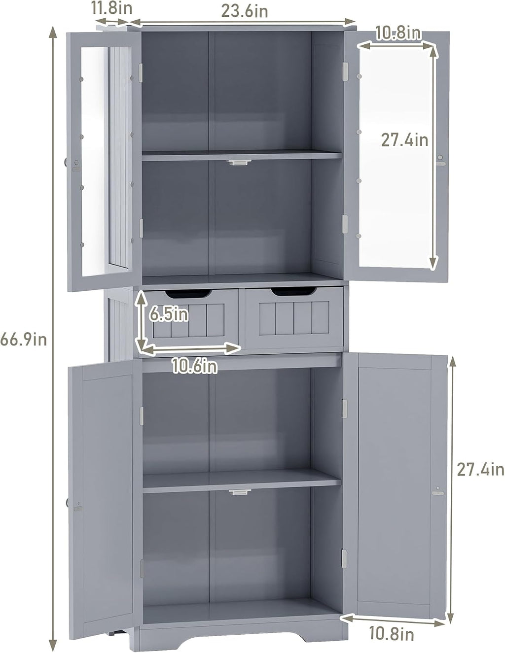 Betterhood 67' Tall Bathroom Storage Cabinet, Freestanding Cabinet with Glass Doors and Shelves, Large Bathroom Pantry with 2 Drawers for Living Room, Kitchen, Dining Room, Office, Gray