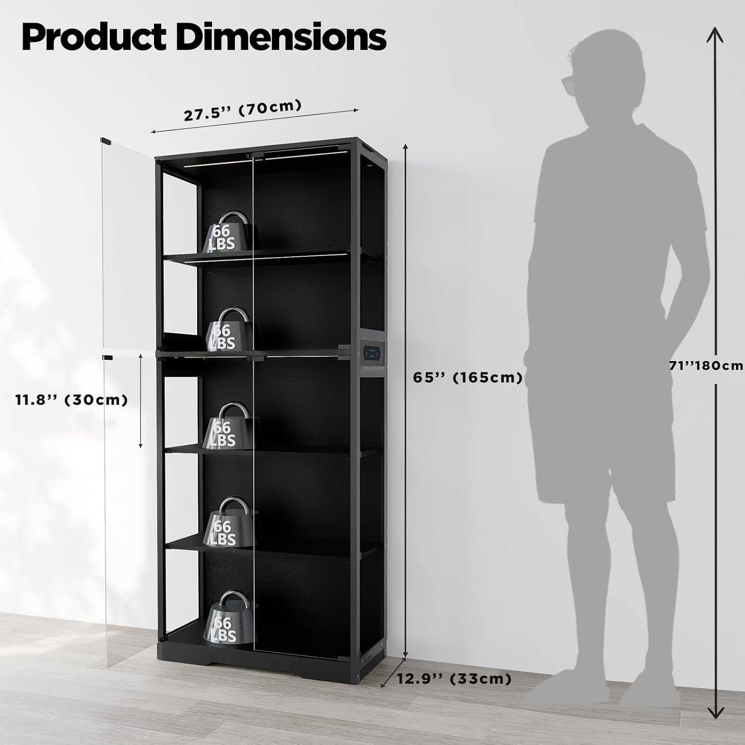 Glass Display Cabinet, 5-Tier Curio Cabinet with Glass Doors, Dimming LED Lights & Motion Sensor, for Collectible Figures, Living Room, Bedroom, or Office (Iron Frame Black)