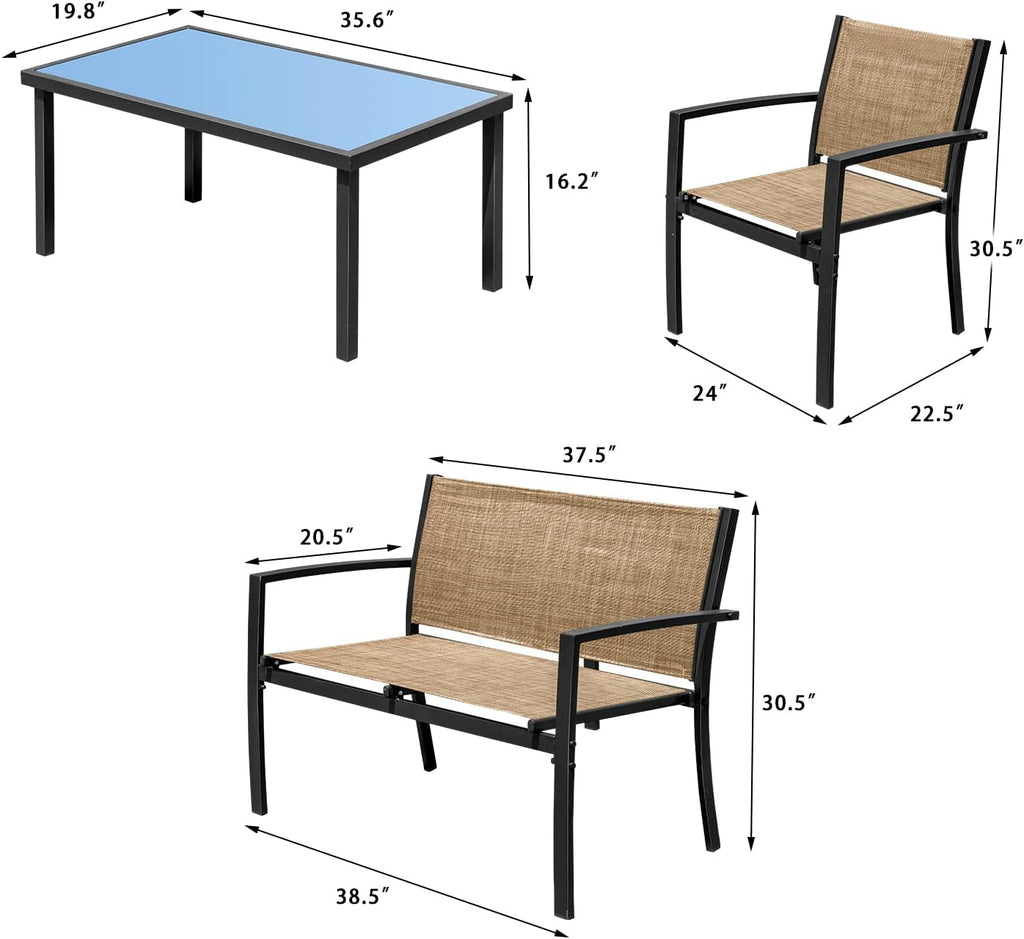 Devoko 4 Pieces Patio Furniture Set Outdoor Garden Patio Conversation Sets Poolside Lawn Chairs with Glass Coffee Table Porch Furniture (Yellow)
