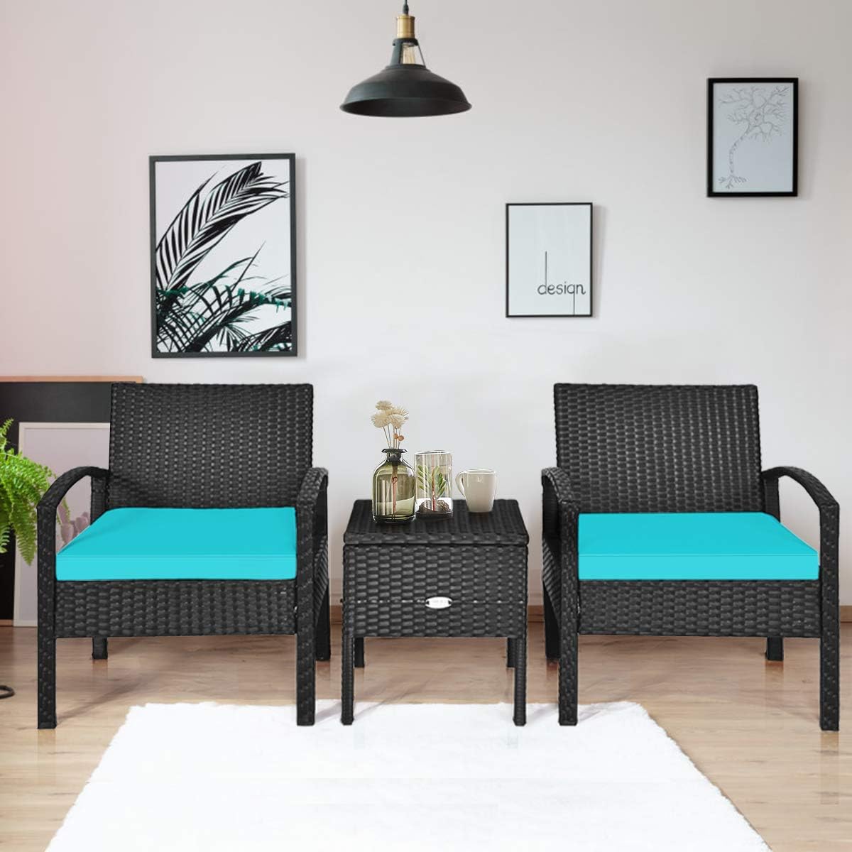COSTWAY Rattan Patio Furniture Set 3 Pieces, Wicker Conversation Set with Tempered Glass Coffee Table, Seat Cushions, Outdoor Chair Wicker Sofa for Backyard Balcony Porch Poolside, Turquoise