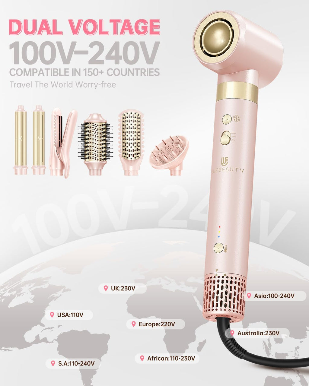 Hair Dryer Brush 8-in-1 Dual Voltage Hot Air Styler – Fast-Drying 110,000 RPM Ionic Blow Dryer with Straightener & Curler Attachments, Frizz-Free Volumizing Styler with Protective Hard Case-Pink