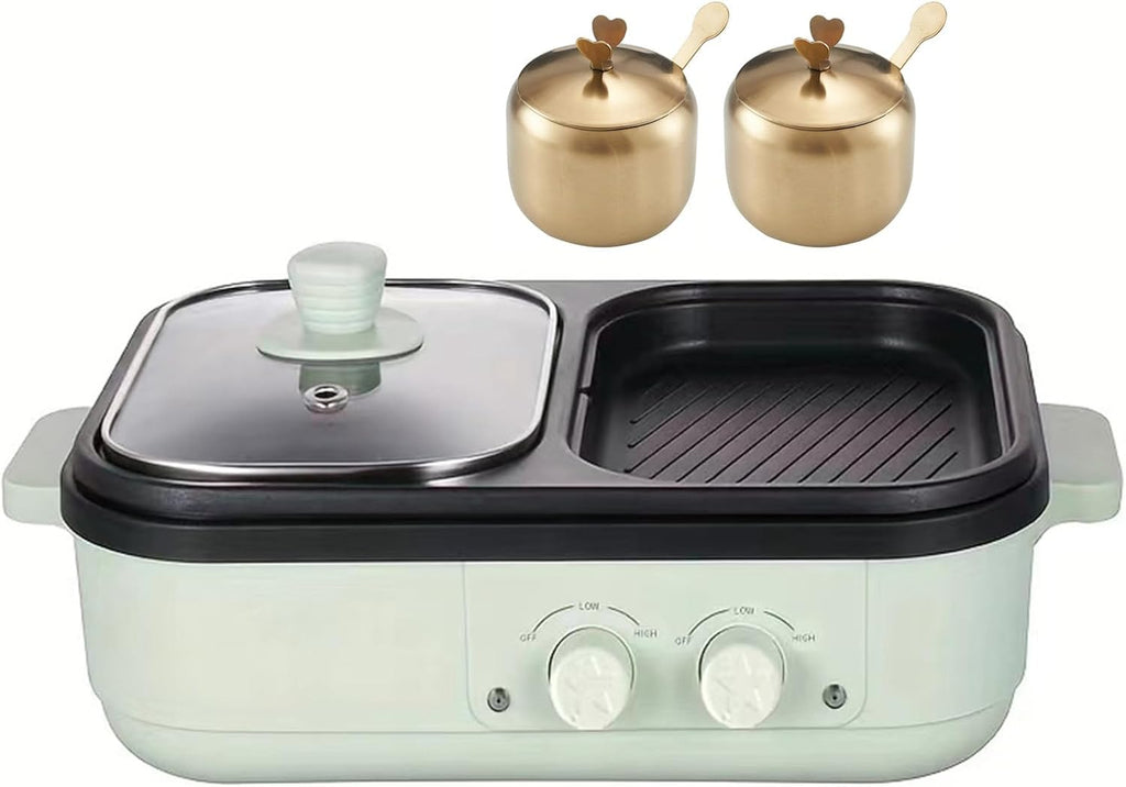 Electric Shabu Hot Pot BBQ Plate, Electric Contact Grills with Divider Control 650w + 650w Power, Griddle Hotpot, Rinse Left Side And Bake Right Side,green