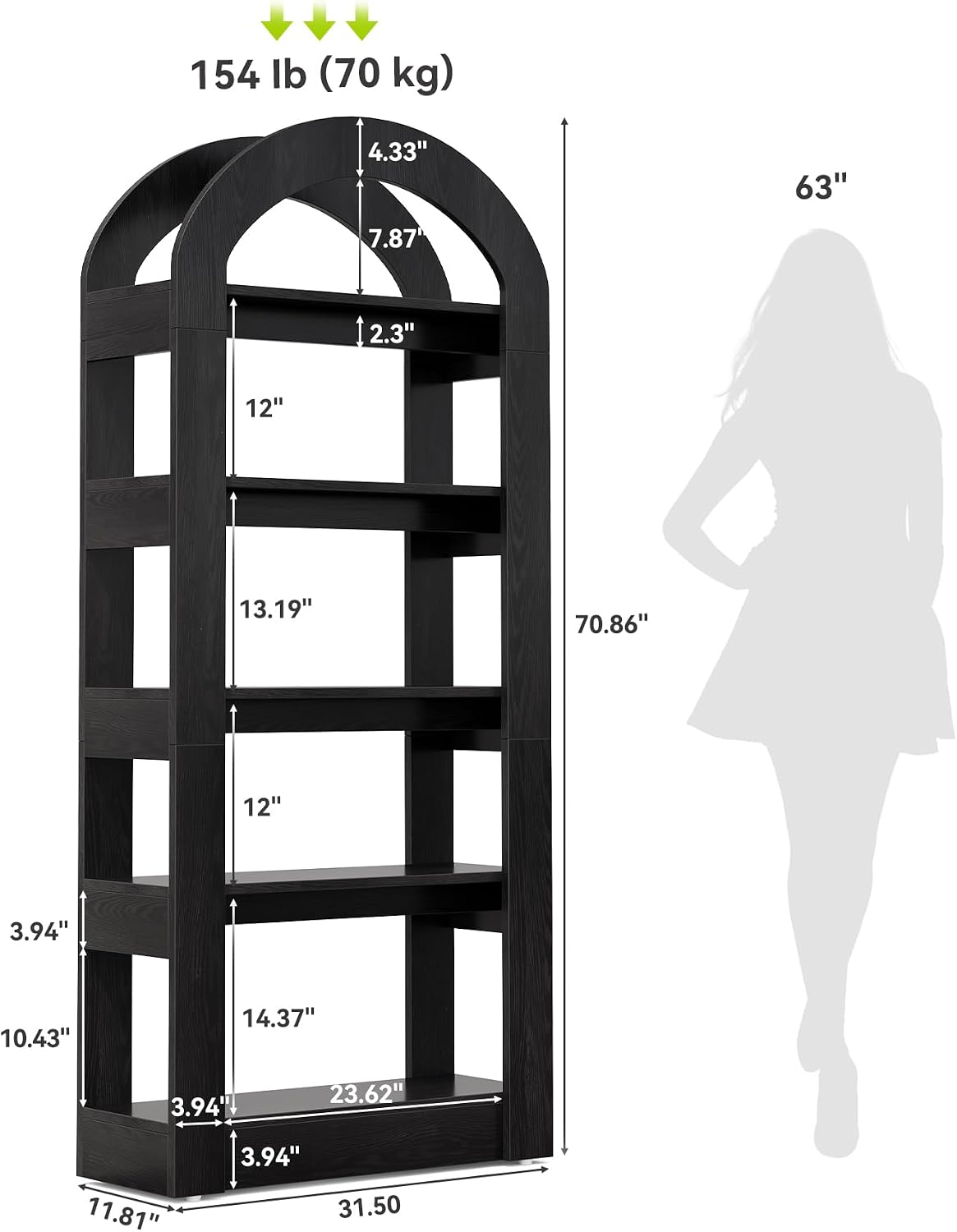 LITTLE TREE 5-Tier Bookshelf, Arch-Shaped Racks, Tall Standing Wooden Bookcase Display Shelf Modern Storage Solution (1, Black)