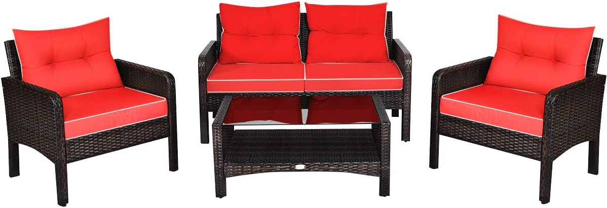 Tangkula 4 Piece Patio Furniture Set, Outdoor Wicker Conversation Set with Glass Top Coffee Table, All Weather Proof and Thick Cushions, Suitable for Porch, Garden, Poolside and Lawn (Red)