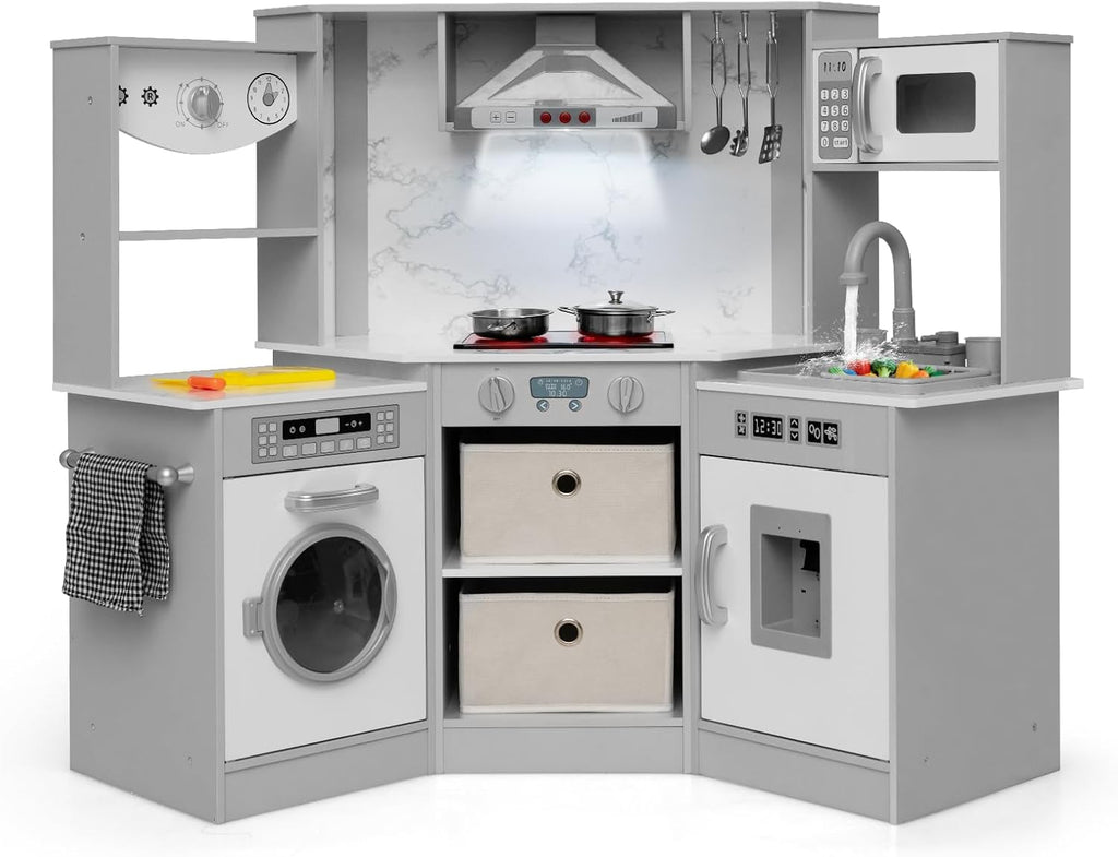 INFANS Kids Kitchen Playset with Real Running Water, Ultimate Wooden Corner Pretend Cooking Set with Simulation Light Sound Stove Storage Cabinet, Play Toy Gift