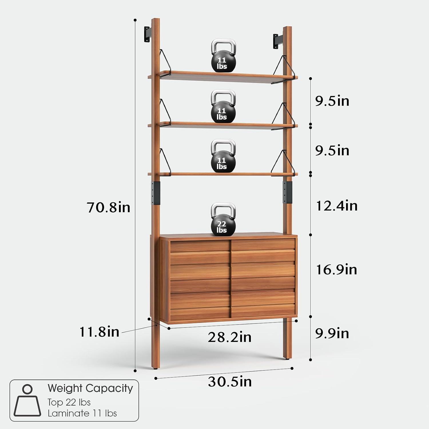 JOINICE, Ladder Bookshelf with Storage Cabinet, Mid Century Modern Wall Mounted Bookcase with Wood and Metal Frame, 6 Tier Open Display Shelves for Living Room, Bedroom, Home Office, Cherry