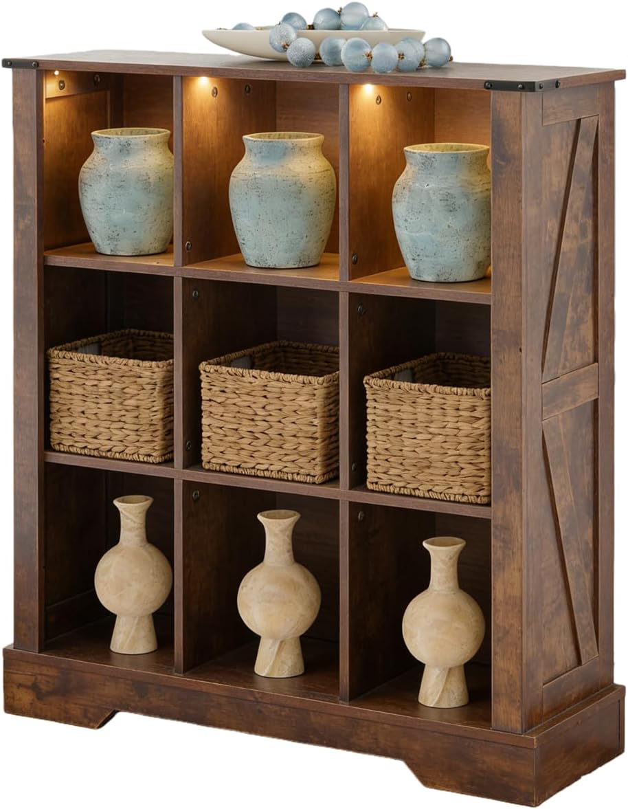 9 Cube Storage Organizer with LED Lights, Wooden Cube Bookcase with Back Panel, Brown Cube Shelf Freestanding Bookshelf, Hallway TV Stand for Living Room, Bedroom, Office