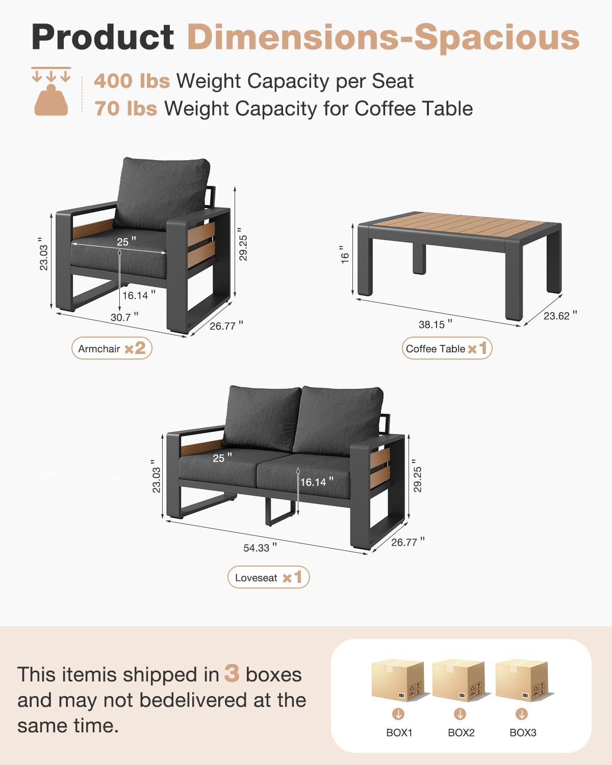 Aoxun Aluminum Patio Furniture Set, 4 Piece Luxury Outdoor Sectional with 6' Olefin Fabric Cushions, Patio Conversation Sets with Coffee Table and Waterproof Cover for Backyard, Porch Dark Grey