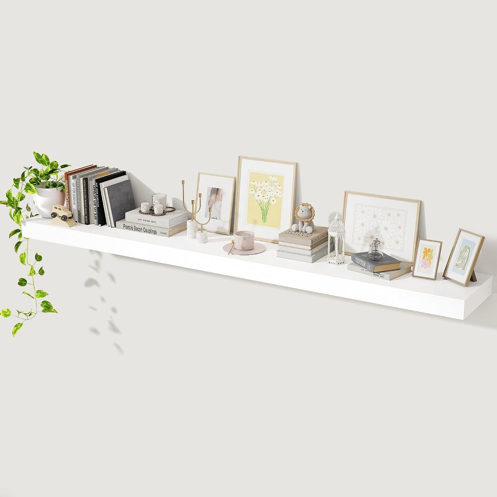 Axeman 72Inch Floating Shelves for Wall, Rustic Wood Shelves for Bedroom, Bathroom, Kitchen, Hanging Wall Mounted Shelf with Invisible Brackets for Books Decor, Set of 1, White