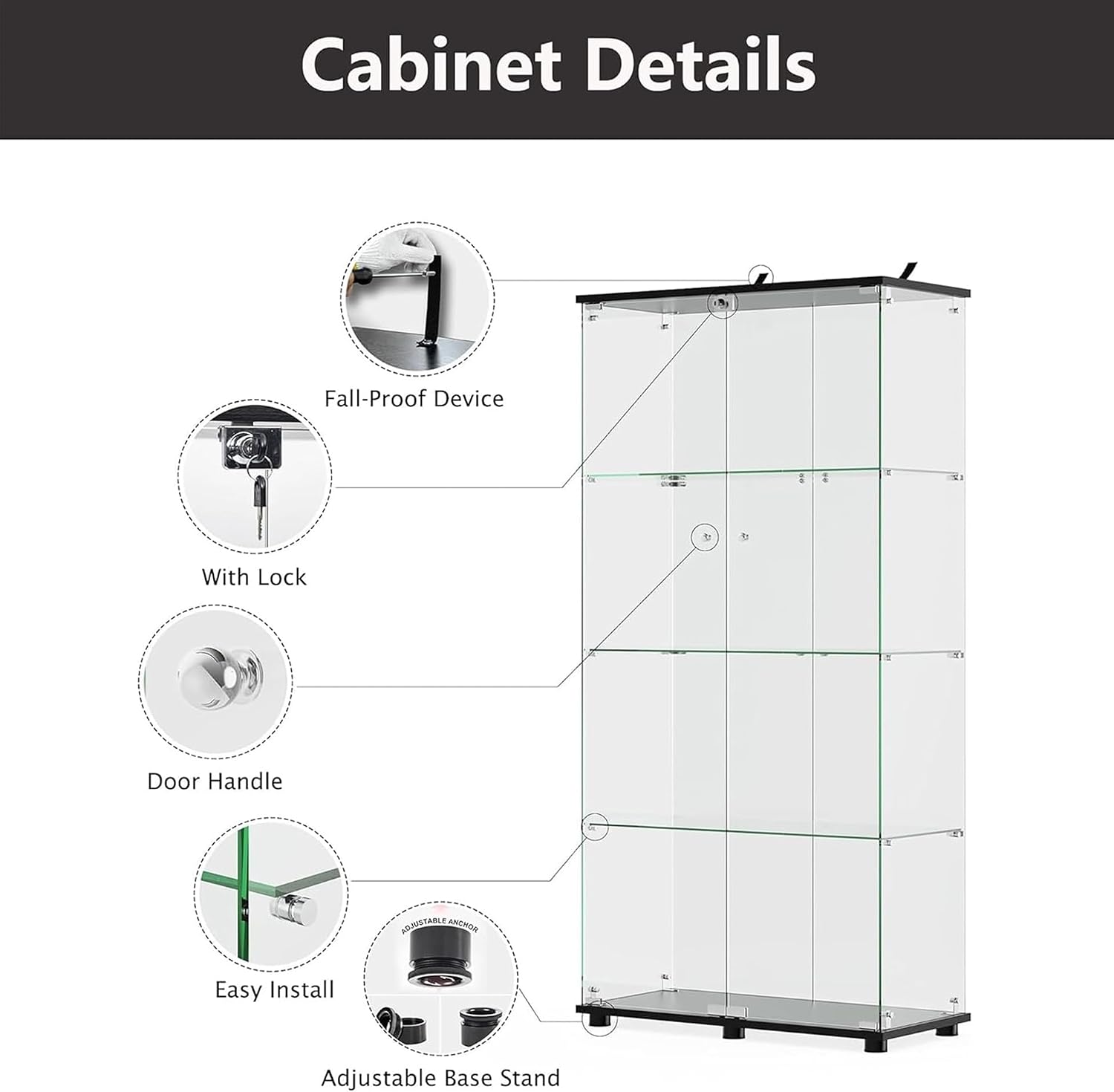 Modern 4-Tier Shelf Glass Curio Collection Display Case Cabinet with 2 Door in Clear, Showcase with Lock for Collectibles, Trophy, Action Figure 31' W x 14.3' D x 64.5' H