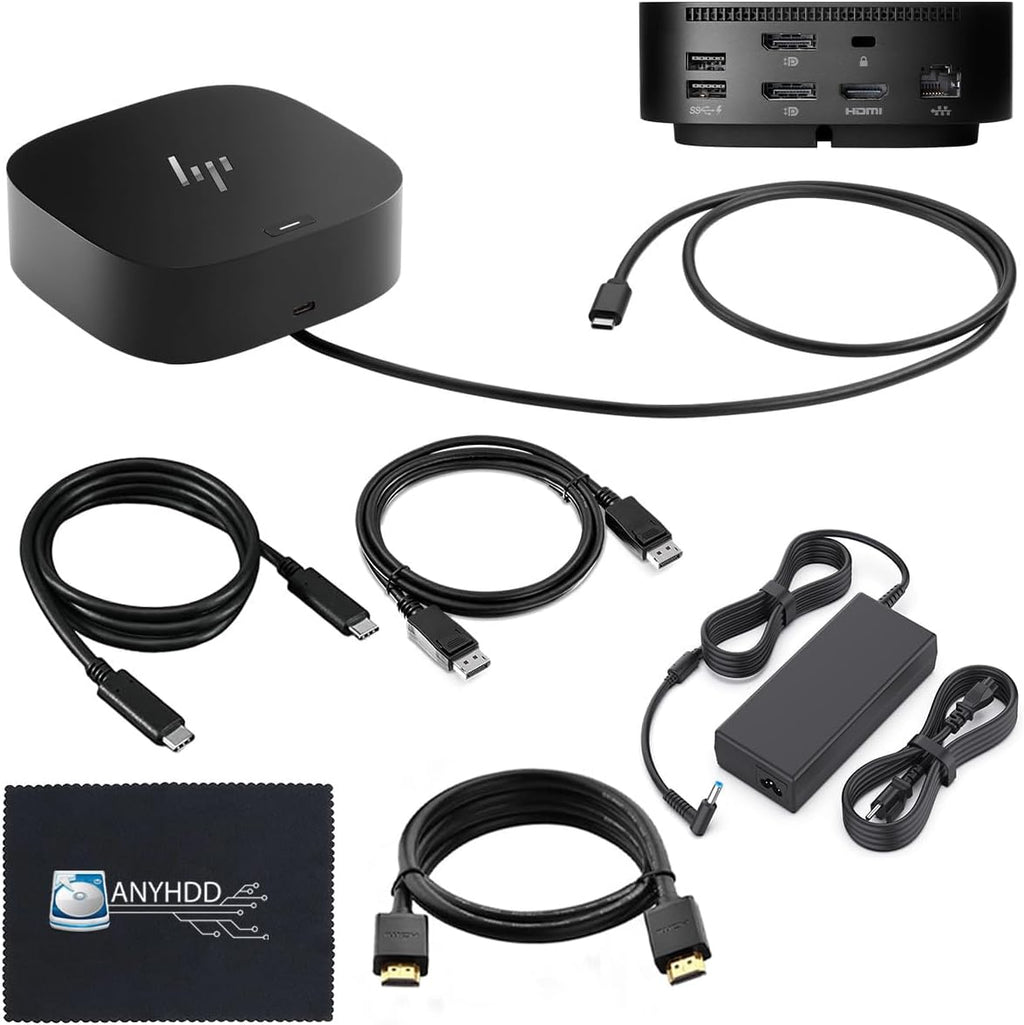HP Docking Station for Laptop Dual Monitor and Charging Bundle - HP Dock 5TW10AA / 5TW10UT / 5TW10AA#ABB with 120W Adapter, HDMI, DisplayPort, USB-C Cables + Microfiber Cloth (Renewed)