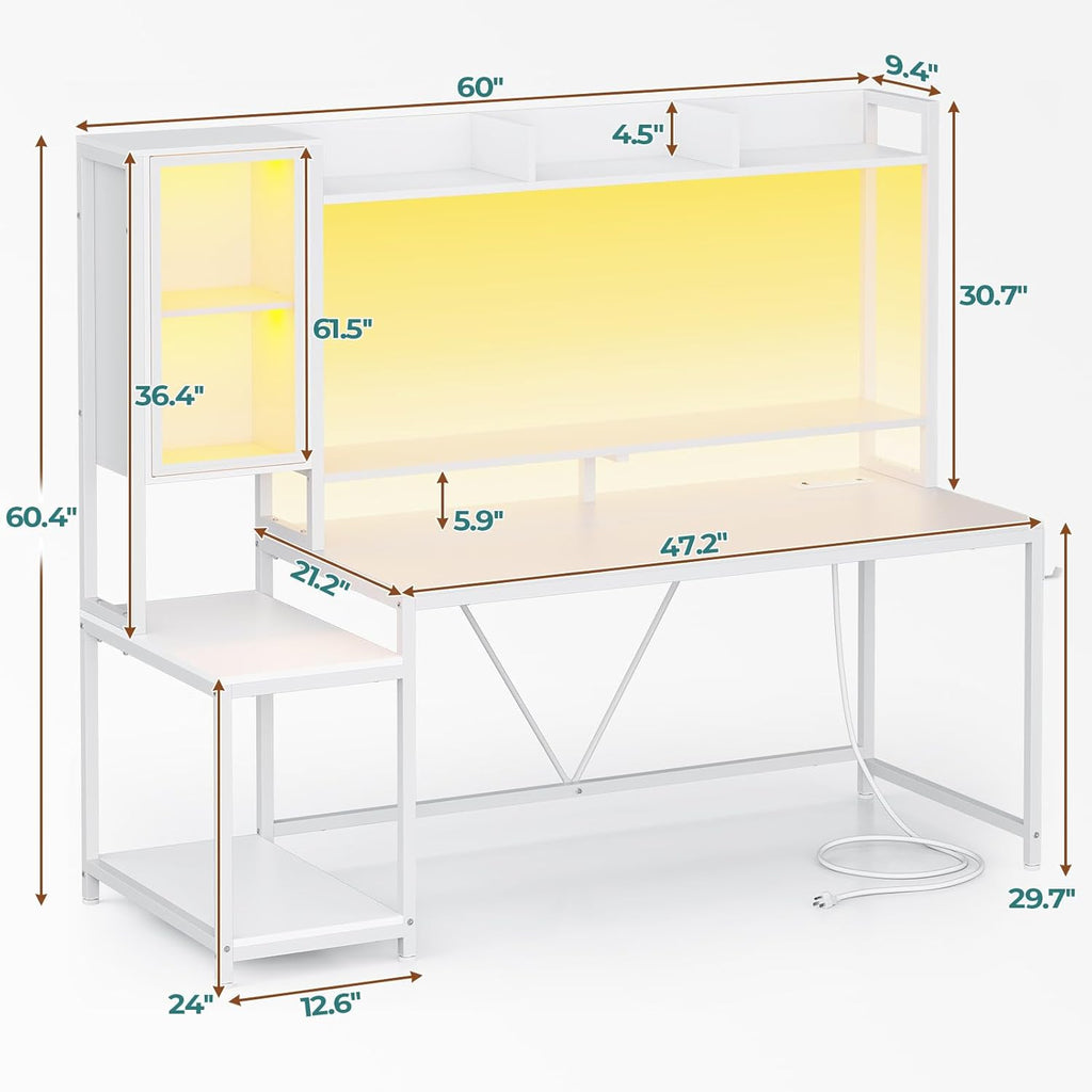 SEDETA White Gaming Desk, 60'' Gaming Desk with Hutch and LED Lights, Computer Desk with Storage Shelves, Large PC Gamer Desk with Display Cabinet, Monitor Stand, Power Outlet for Home Office