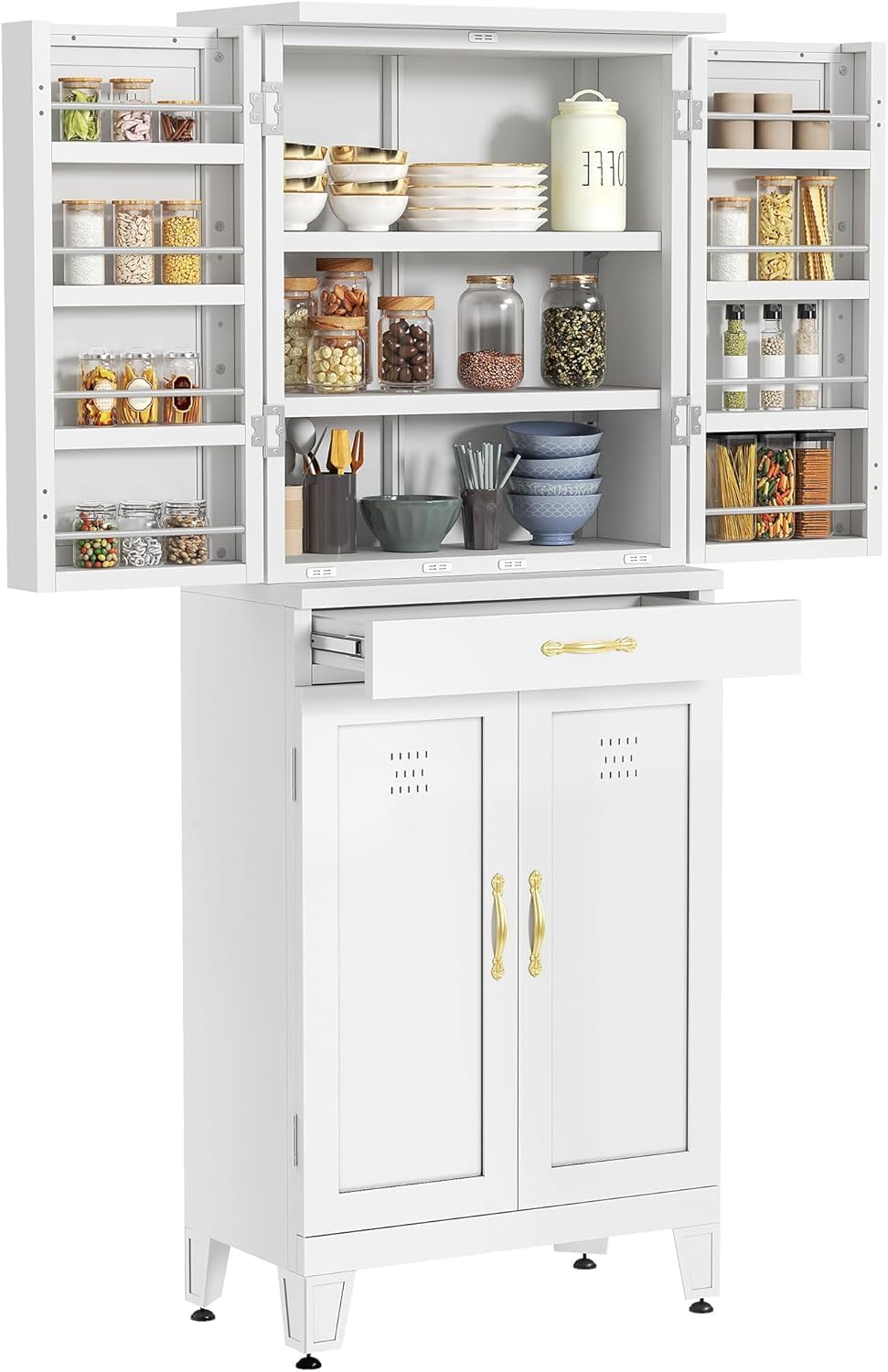 YITAHOME 71' Metal Kitchen Pantry Storage Cabinet with 4 Doors, 4 Adjustable Shelves, 1 Drawer and 8 Door Racks, Tall Freestanding Steel Cupboard for Home Kitchen Living Dining Room, White