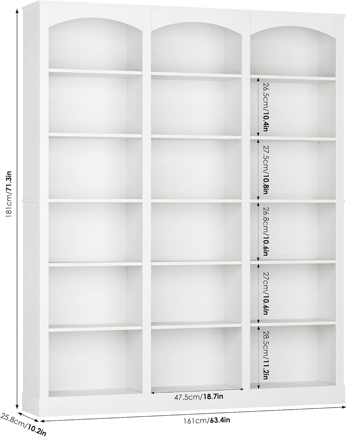 FACBOTALL 71' Triple Wide Bookshelf, 6 Tier Bookcase, Large White Bookshelf with Curved Baffle, 63.4' Wide White Bookcase with 18 Open Display Shelves for Living Room, Study, White