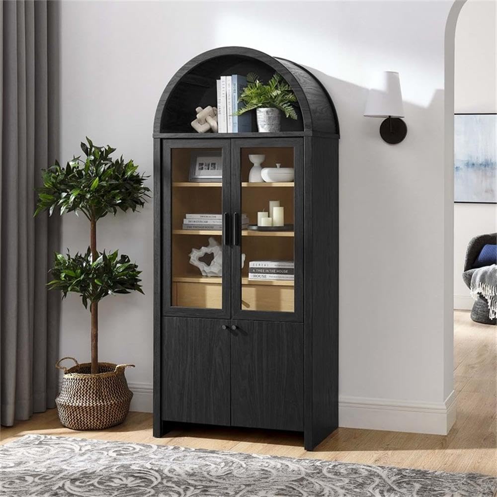 Modway Evie Arched Display Cabinet in Black Oak - Modern Tall Storage Cabinet with Shelves - Sophisticated Glass Door Bookcase - Elegant Living Room and Hallway Accent Cabinet