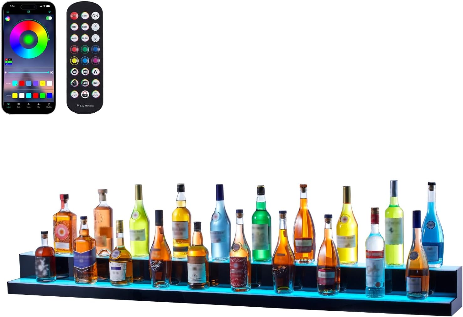 VEVOR LED Lighted Liquor Bottle Display, 2 Tiers 72 Inch Commercial Illuminated Home Bar Shelf, 2 Steps Whiskey Rack Stand, Acrylic Drink Shelves with RF Remote & App Control, and Multicolor Light
