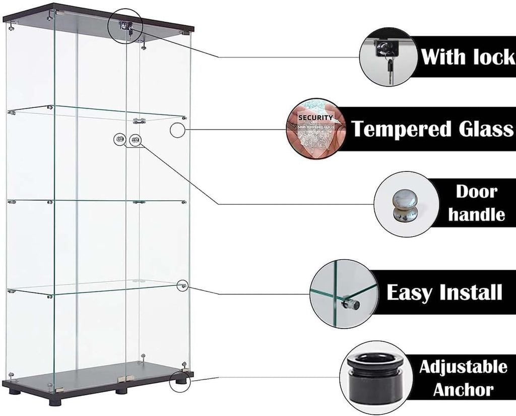 APRILSOUL Glass Display Cabinet 4-Shelf with Double Door, Curio Display Cabinet with 5mm Tempered Glass, Floor Standing Bookshelf for Bedroom, Living Room, 64 x 31.7 x 14.3 in, Black