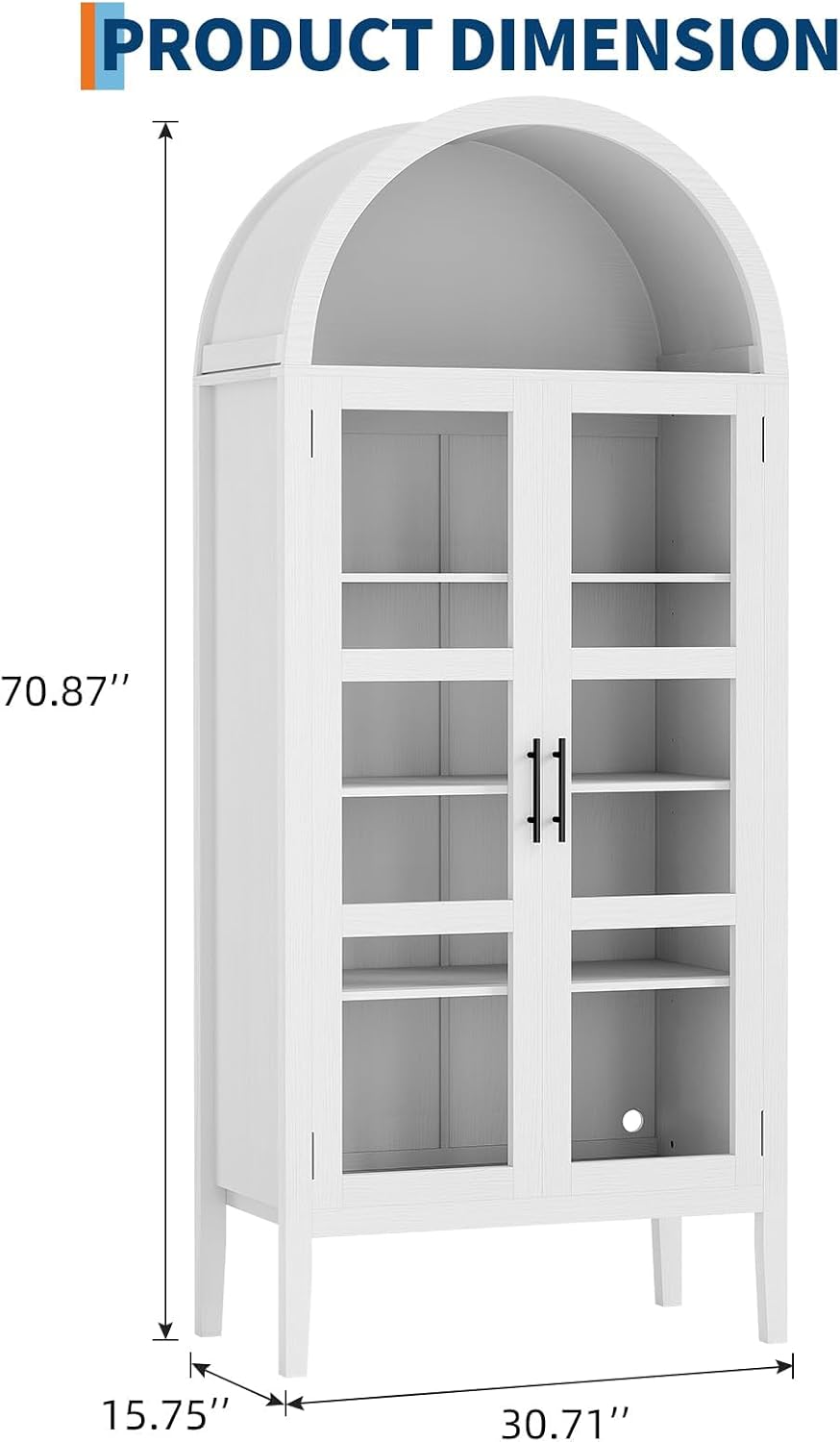 GarveeHome 70 in Tall Arched Kitchen Pantry Cabinet with LED Lights, Modern Wood Arched Bookshelf with Glass Doors & Adjustable Shelves, Elegant Display Cabinet for Kitchen, Dining Room, Living Room
