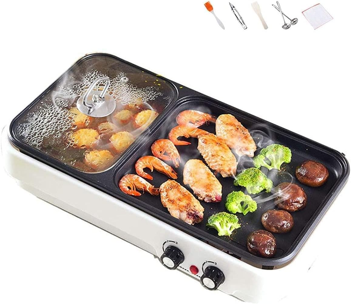 BBQ Smokeless Grill Electric Grill with Hot Pot 2 in 1 Indoor Korean BBQ Grill and Shabu Shabu Pot with Divider 2200W Separate Dual Temperature Control, BBQ Accessories Gift Set, Capacity for 2-8 Peop