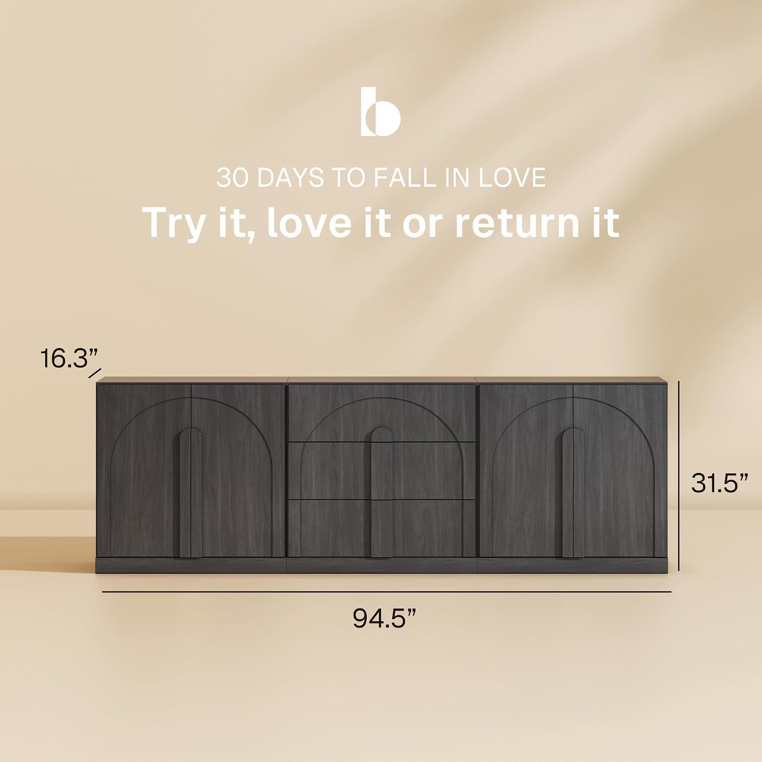 BELLEZE 3-Piece Modular Sideboard Cabinet Set Freely Configurable, Modern Wood Buffet Cabinet Contain 2 Arched Cabinet and 3-Drawer Storage, Credenza Console for Living Room Kitchen, Ebony
