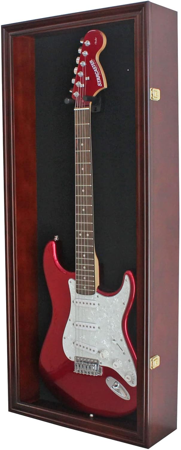 DisplayGifts 42' Electric Guitar Display Case Cabinet Shadow Box with Guitar Hanger Stand, Lockable UV Protection Black Felt Interior with Mahogany Finish Frame