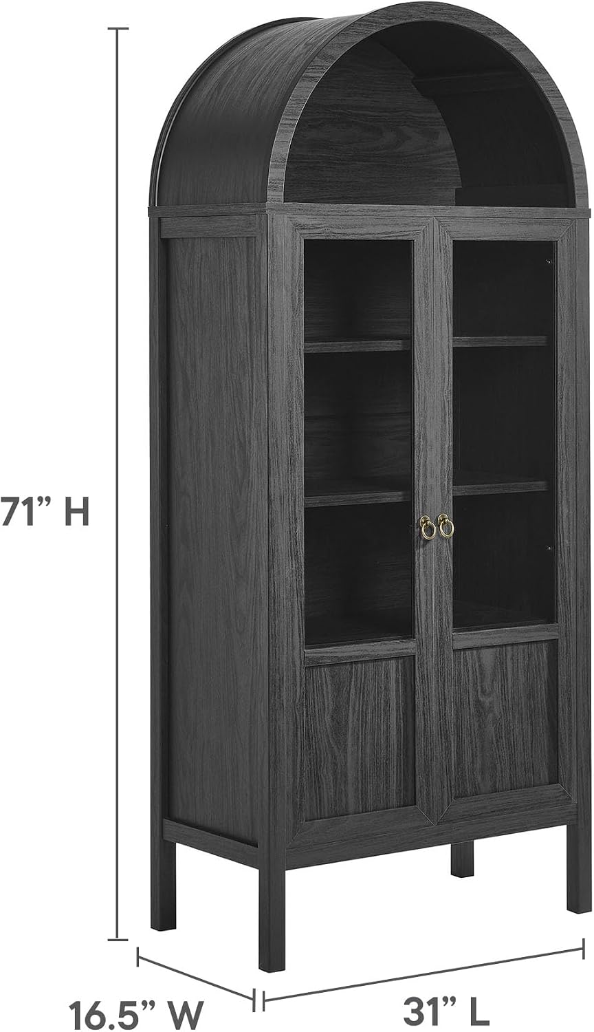 Modway Tessa Arched 71 Inch Tall Arched Storage Display Cabinet in Black Wood Grain - 4-Tier Bookcase with Glass Doors and Shelves - Arch Accent Cabinet for Living Room, Dining Room