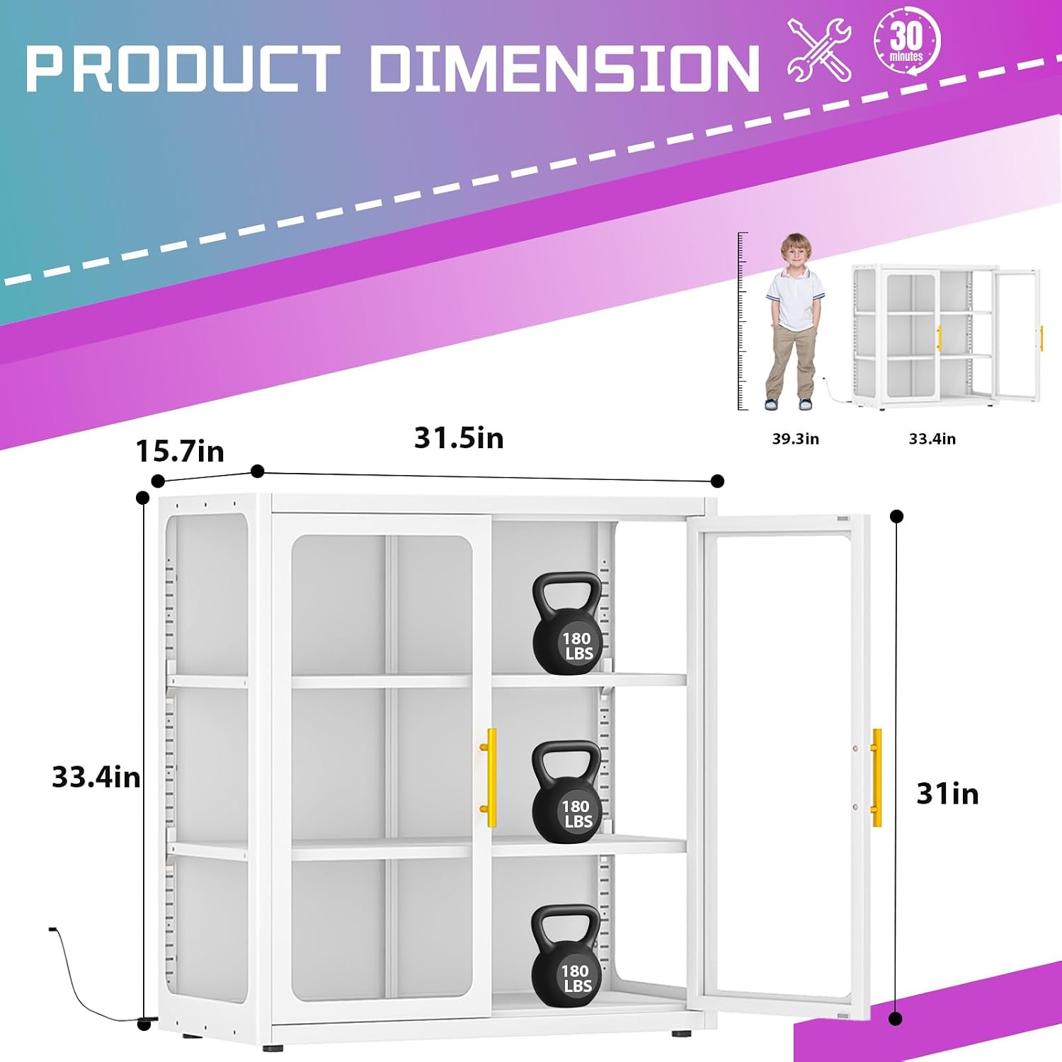 PAOFIN 34' Display Cabinet with Glass Doors, Curio Cabinet with Many Color Lights for Collectibles, Glass Display Case, Bookcase with 2 Shelves, Storage Cabinets, Assembly Required White
