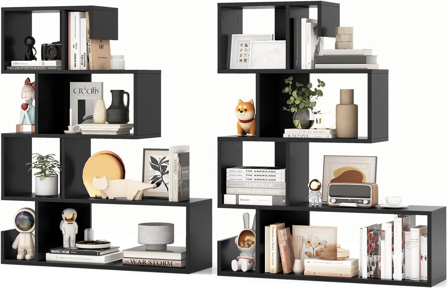 Giantex 5-Tier S-Shaped Bookshelf of 2, Geometric Bookcase w/Open Cubes, Modern Decorative Display Shelf w/Anti-Toppling Kits, Freestanding Storage Rack for Living Room, Study, Home, Office