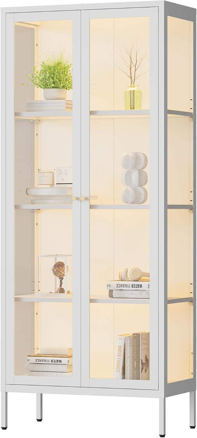 Polup Display Cabinet with 3 Color LED Lights and Tempered Glass, 66 Inch Tall Curio Cabinet with 3 Side Glass, White Display Case for Collectibles, Lighted Cabinets for Living Room- Assemble Required