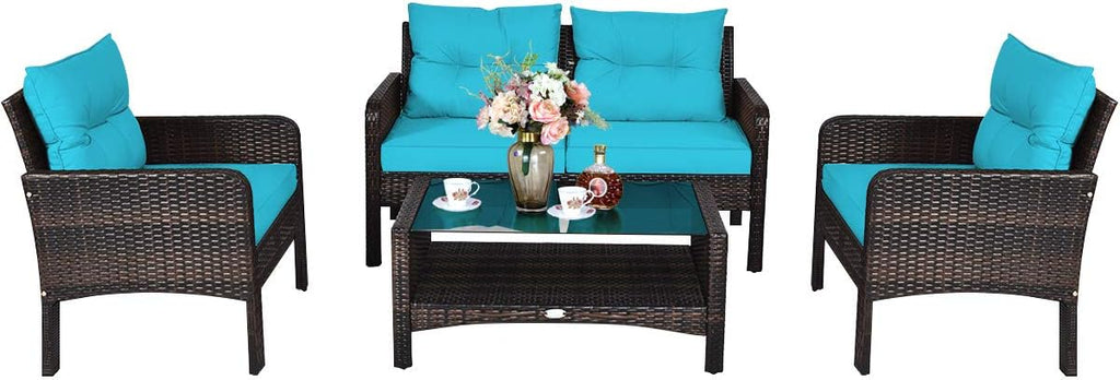 Tangkula 4 Piece Patio Furniture Set, Outdoor Wicker Conversation Set with Glass Top Coffee Table, All Weather Proof and Thick Cushions, Suitable for Porch, Garden, Poolside and Lawn (Turquoise)