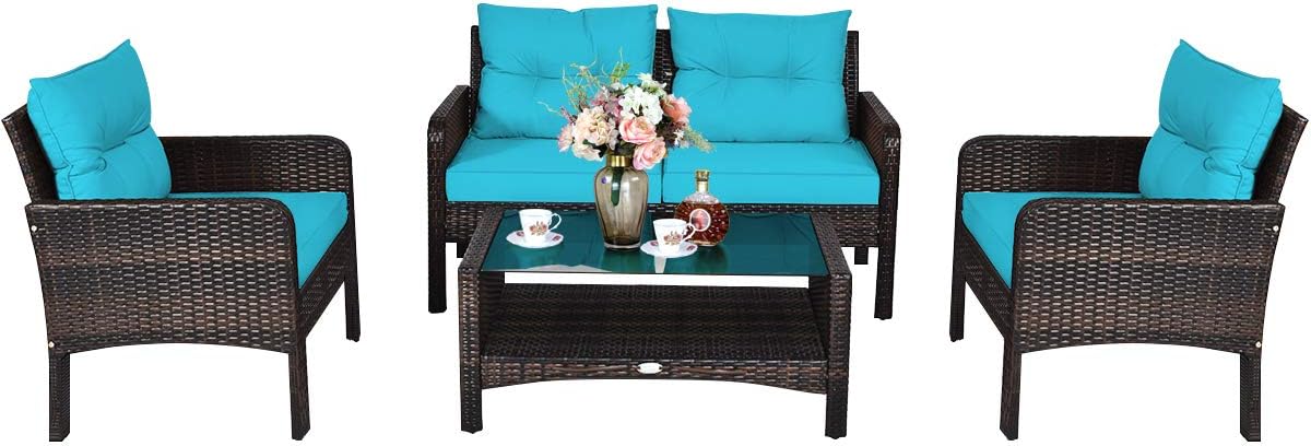 Tangkula 4 Piece Patio Furniture Set, Outdoor Wicker Conversation Set with Glass Top Coffee Table, All Weather Proof and Thick Cushions, Suitable for Porch, Garden, Poolside and Lawn (Turquoise)