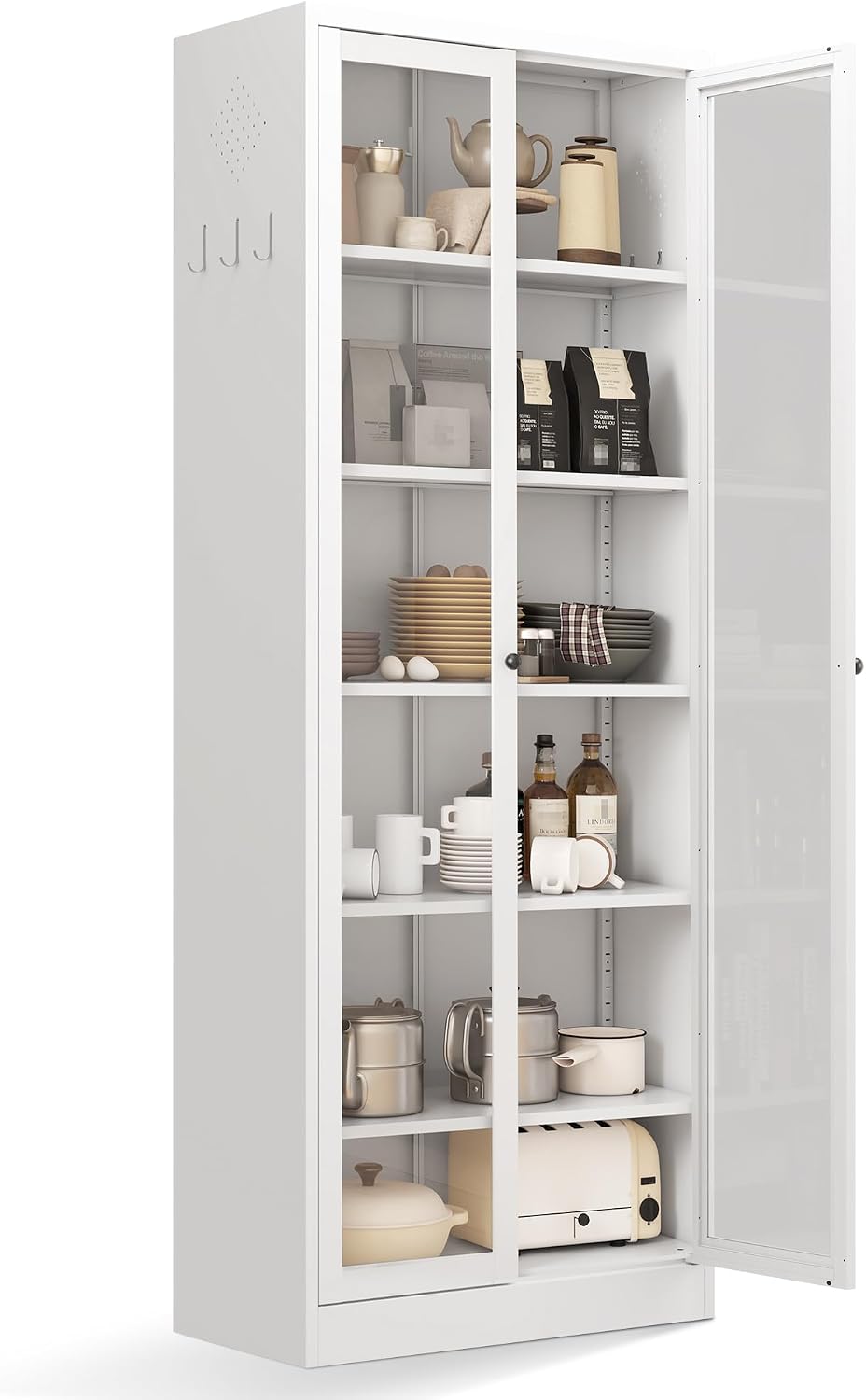 Metal Storage Cabinet with 5 Adjustable Shelves, Display Cabinet with Glass Doors, 72' Tall Kitchen Pantry Cabinet, Steel Cupboard for Home Office Living Room, Assembly Required (White)