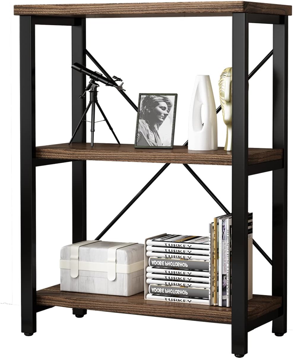 AY-AOYUAN 3 Tier Industrial Solid Wood Bookcases, Open Etagere Bookshelf with Metal Frame, Rustic Wood and Metal Shelving Storage Organizer for Living Room Book Shelves Furniture (AY01-3tier)