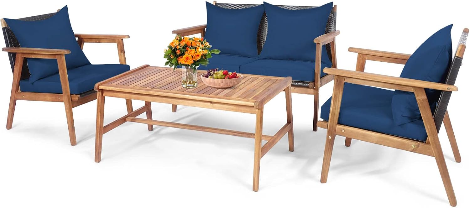 Tangkula 4-Piece Patio Furniture Set, Outdoor Acacia Wood Conversation Set with Cushions and Coffee Table, Outdoor PE Wicker Sectional Sofa Set for Garden, Poolside and Backyard (1, Navy)