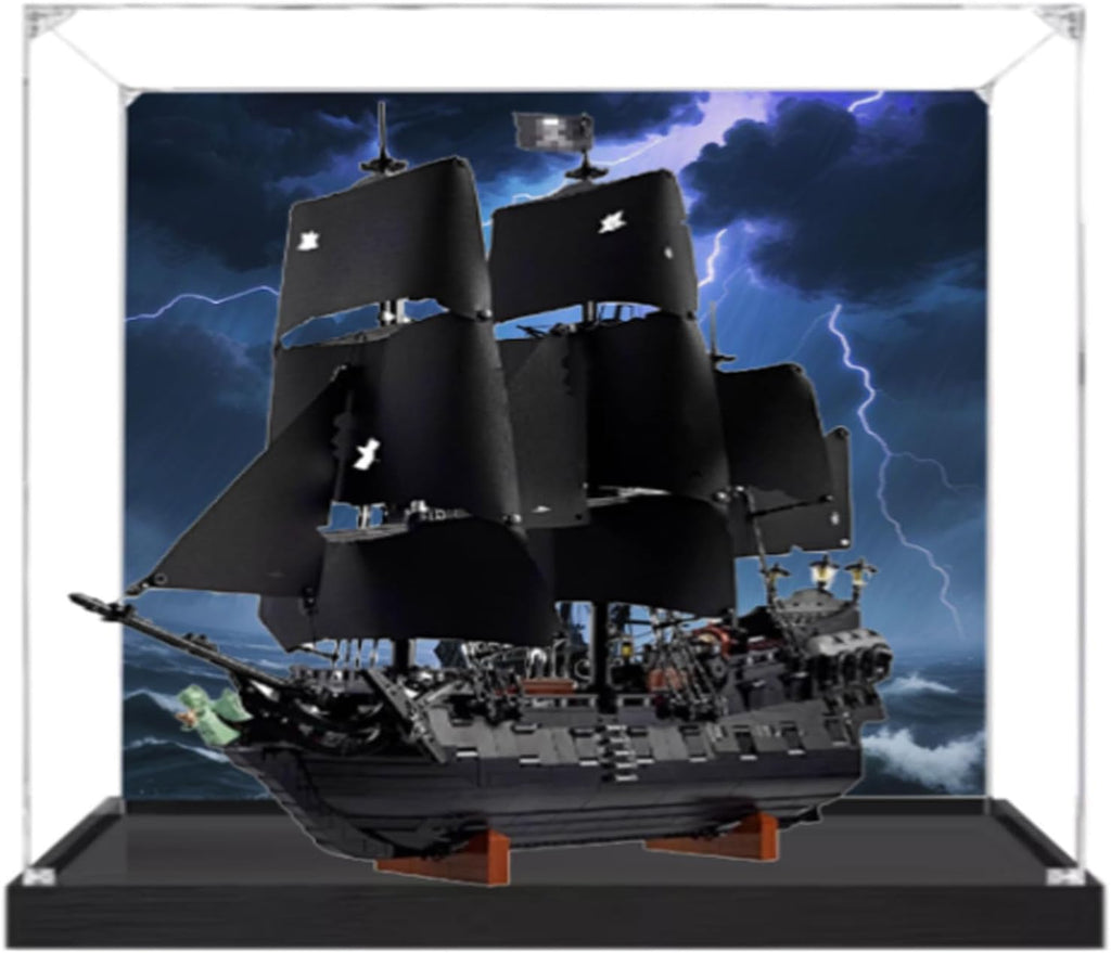 Dustproof Clear Acrylic Display Case,Designed for Lego 10365 Caribbean Pirate Ship Model Dustproof Box, Storage Box(Model Kit Not Included) (Black Base+Back spray3mm)
