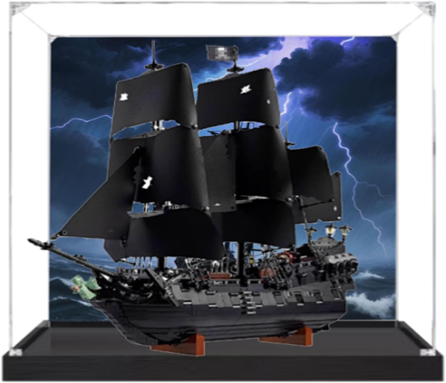 Dustproof Clear Acrylic Display Case,Designed for Lego 10365 Caribbean Pirate Ship Model Dustproof Box, Storage Box(Model Kit Not Included) (Black Base+Back spray3mm)