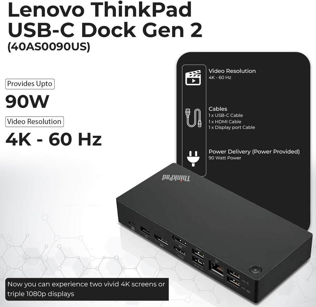 Lenovo 40AS0090US Thinkpad Docking Station Gen 2 - Supports 4K Display, 1 Year Warranty, Lenovo Docking Station with 90W Adapter, HDMI, USB-C, DisplayPort Cables - USB-C Thunderbolt 3 Dock (Renewed)