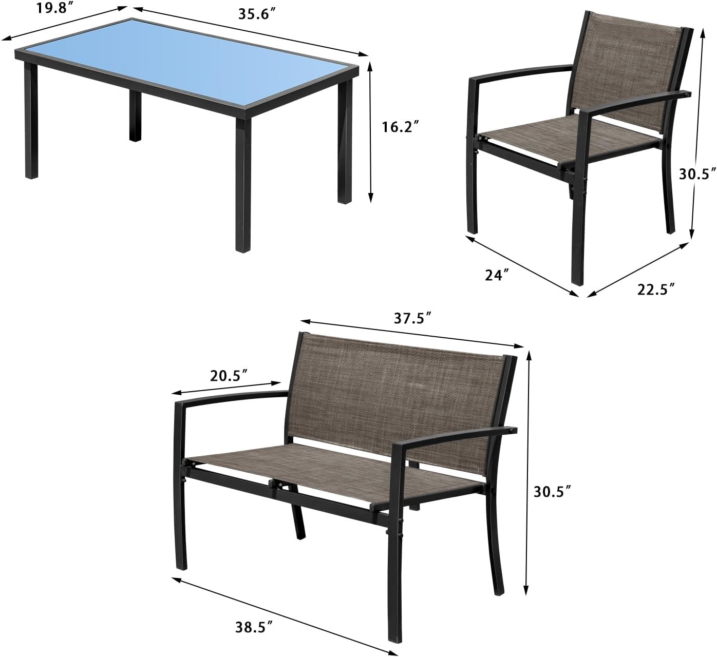 Devoko 4 Pieces Patio Furniture Set Outdoor Garden Patio Conversation Sets Poolside Lawn Chairs with Glass Coffee Table Porch Furniture (Brown)
