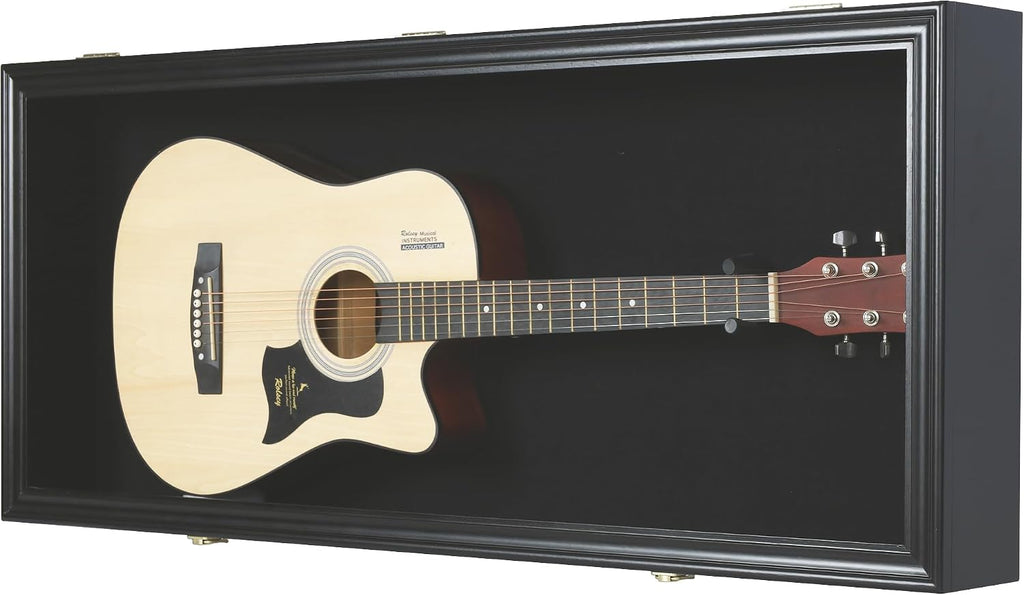 DisplayGifts 42' Electric Guitar Display Case Cabinet Shadow Box with Guitar Hanger Stand, Lockable UV Protection Black Felt Interior with Black Frame