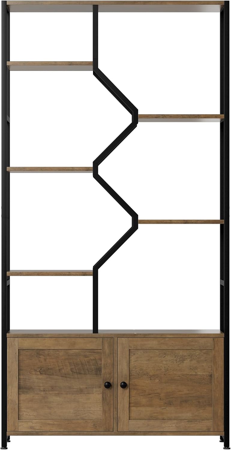 76' Tall Shelf with Storage Cabinet Doors, 6 Tier Open Bookshelf for Multi-use Display, Staggered Book Shelf Etagere Bookcase for Home Office/Living Room, Deep Metal & Wood Accent Shelf, Rustic Brown