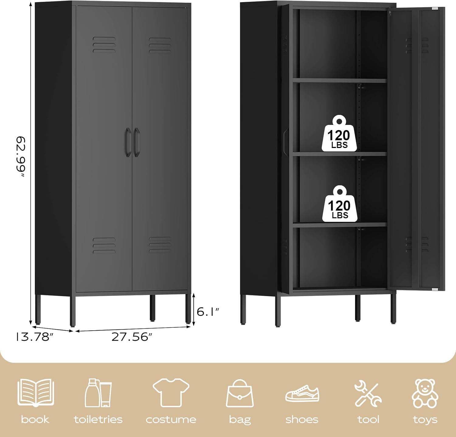 IRONFFICE Storage Cabinet,Metal Cabinets with Doors and Shelves,2 Door Metal Storage Cabinets with Legs,Black Tall Cabinet for Home Office,Utility Room
