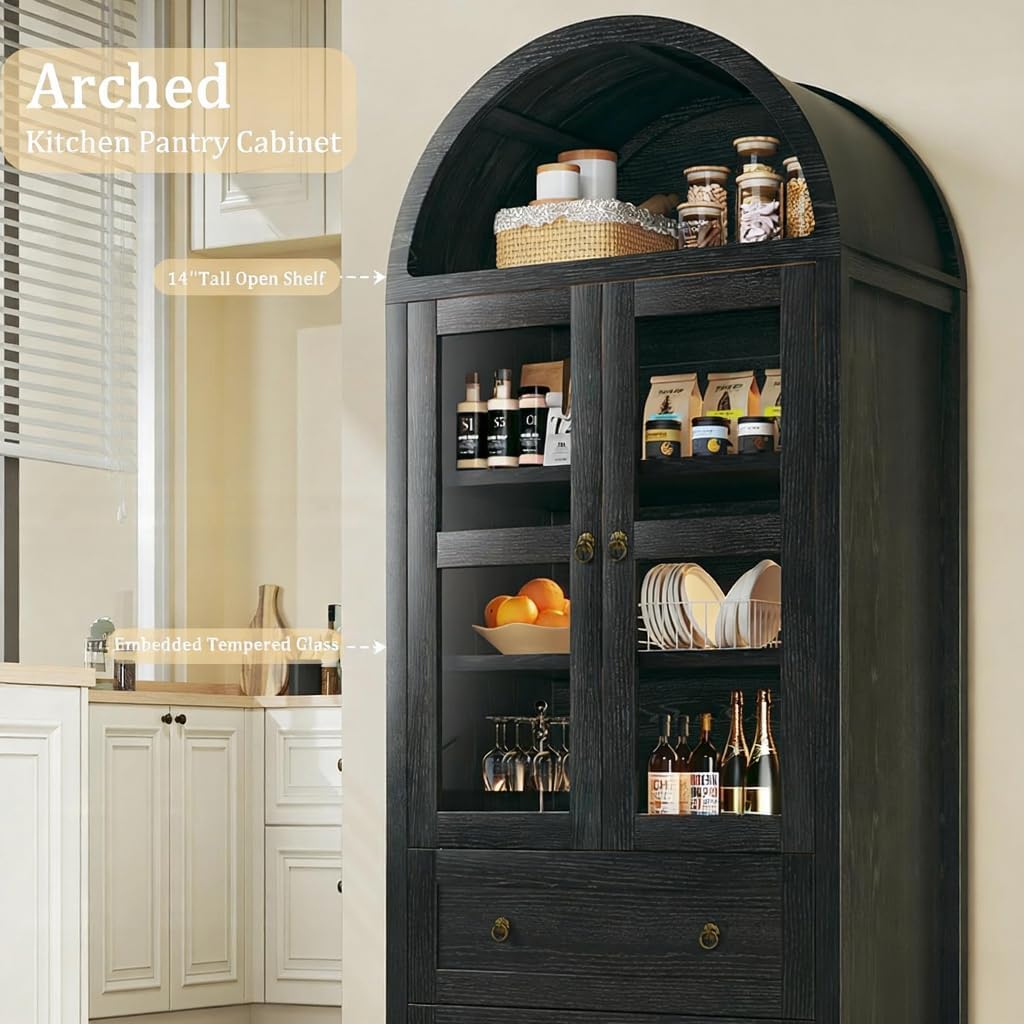 HUAHUU 71' Tall Arched Kitchen Pantry, Arched Cabinet, Kitchen Storage Cabinets with 2 Large Drawers & Adjustable Shelves & Glass Door for Living Room, Dining Room, Black