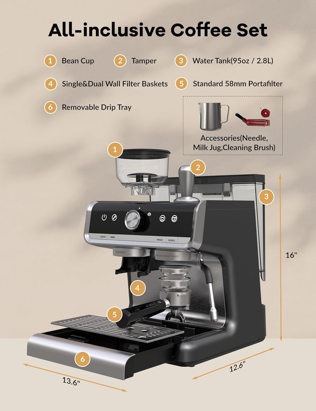 20 Bar Professional Espresso Machine with Grinder & Milk Frother – 95 oz Removable Water Tank for Lattes and Cappuccinos – Stainless Steel Coffee Maker for Home Use
