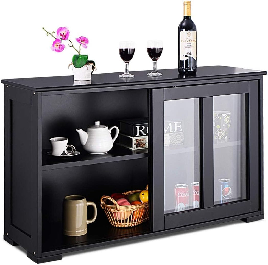 Costzon Sideboard Buffet Cabinet, Wooden Kitchen Storage Cabinet with Adjustable Shelf, Sliding Glass Doors, Accent Coffee Bar Cabinet Console Table for Living Room, Dining Room, Hallway (Black)