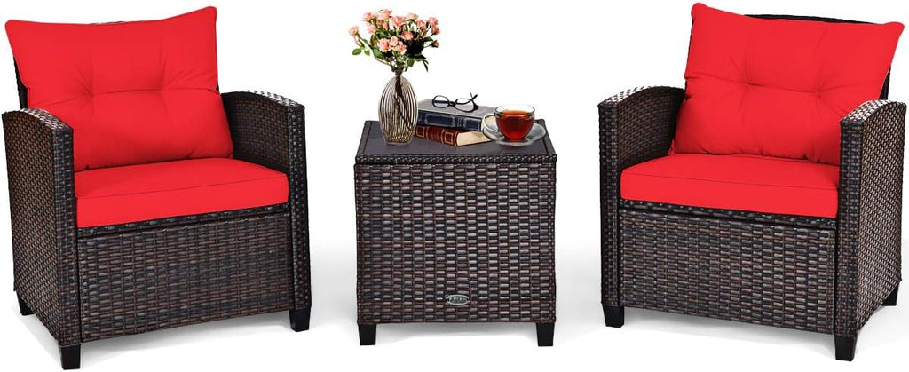 Tangkula 3 Pieces Patio Furniture Set, PE Rattan Wicker 3 Pcs Outdoor Sofa Set w/Washable Cushion and Tempered Glass Tabletop, Conversation Furniture for Garden Poolside Balcony (Red)