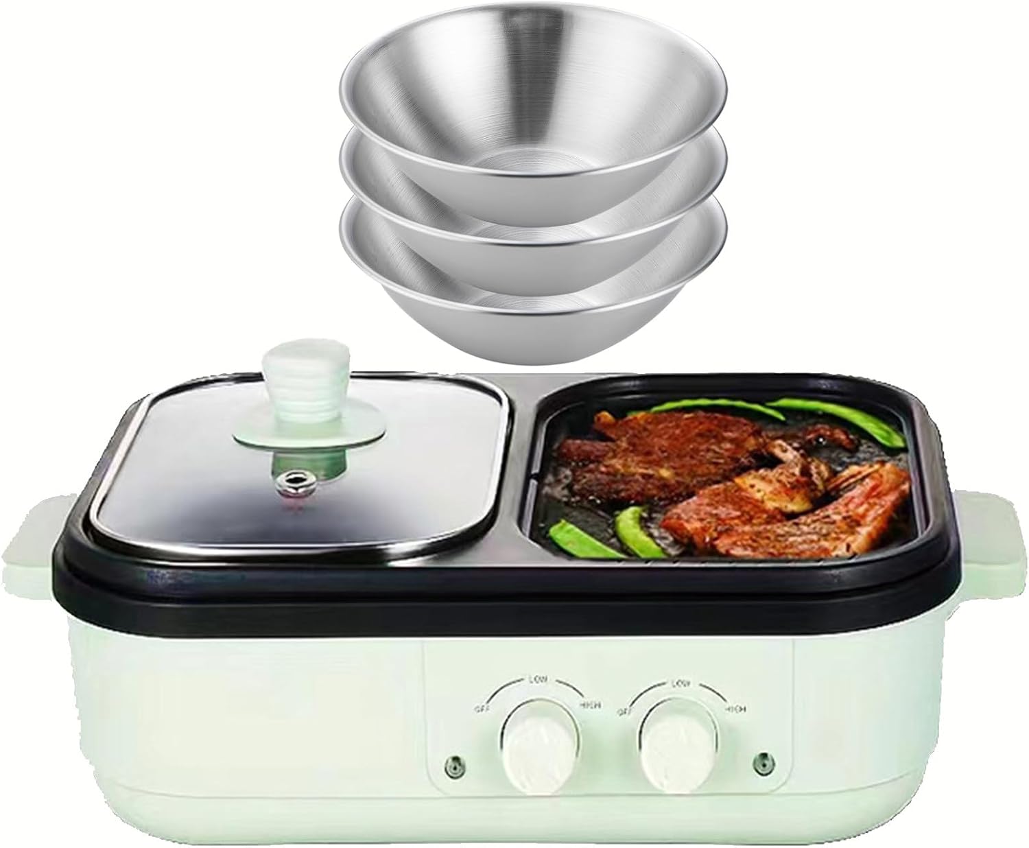 Electric Shabu Hot Pot & Barbecue Frying Pan with Distributor + 3 Salad Bowls, Electric Contact Grills Non-stick Multi-Cookers 1300w Hot Pot Barbecue Integrated Pot,green