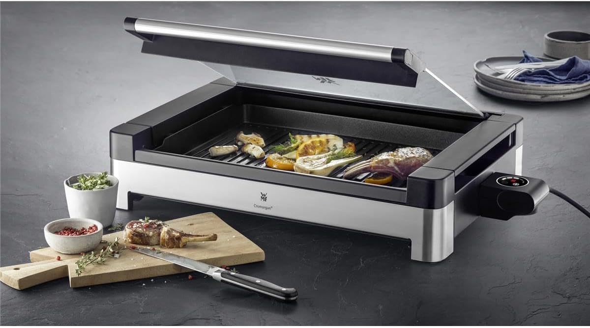 WMF Lono Elektro Tischgrill mit Glasdeckel, Indoor Grill, Tischgrill elektrisch mit Deckel, beschichtete Grillplatte, 2200 Watt, edelstahl matt