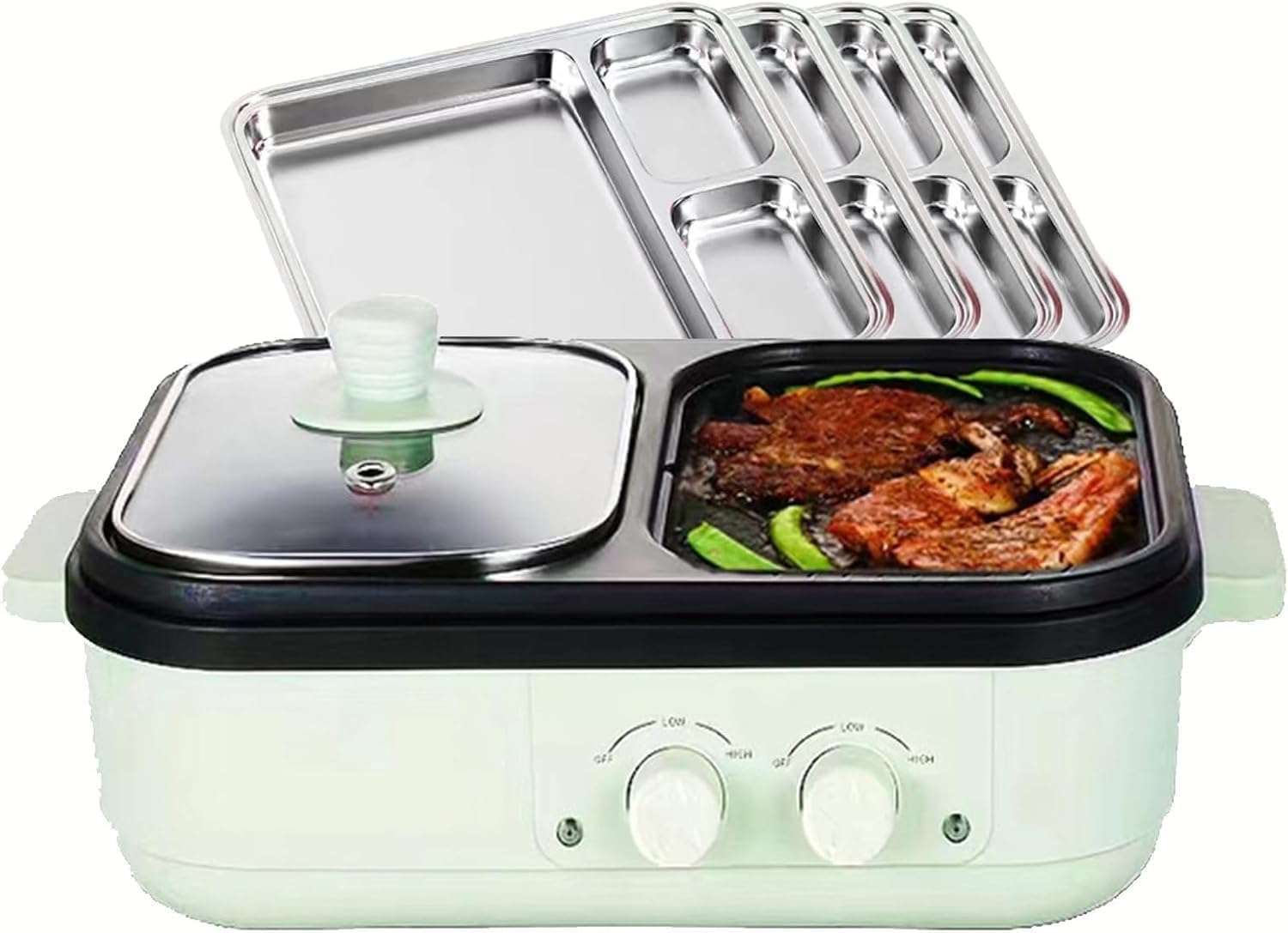 Electric BBQ Pot Frying Pan | Electric Contact Grills with Dual Disc | Nonstick Multi-Cookers for Indoor and Outdoor Barbecue | Toughened Glass Cover | Easy to Cooking and Clean