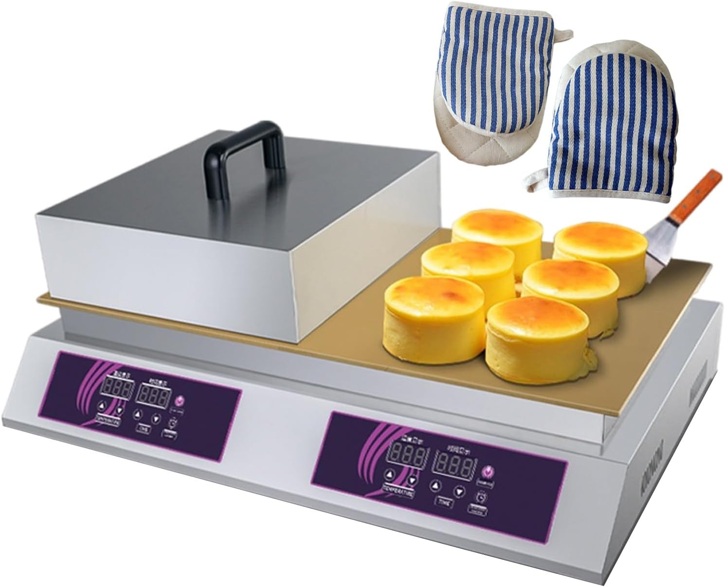 Commercial Electric Griddle Souffle Machine With Lid, Scoop And Gloves, Electric Contact Grill With Temperature Control 60-240℃, Countertop Bread Machine 2600W (Double Cup)